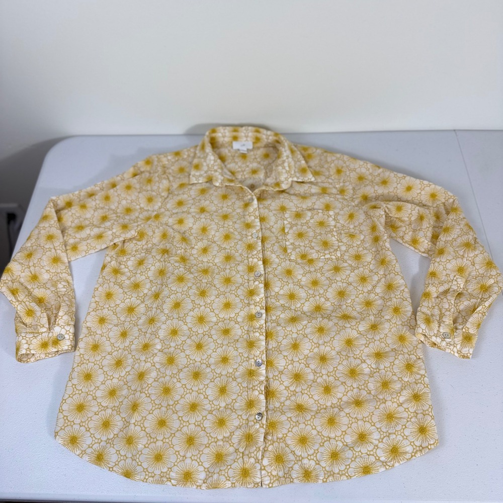 J. Jill Womens Yellow White Floral Eyelet Embroidered Button Down Shirt Size M